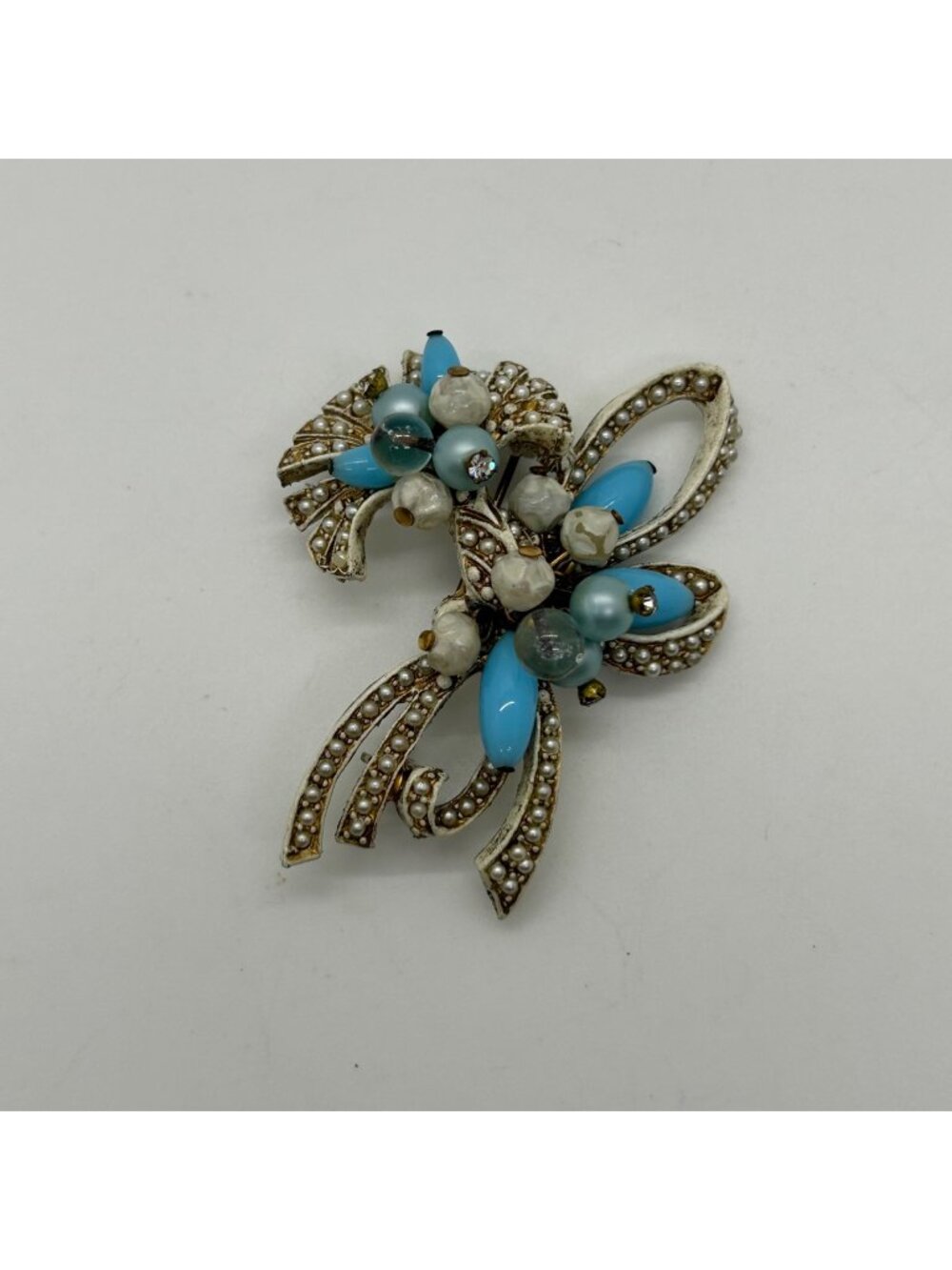 Vintage Coro Pin Brooch With Faux Pearls Faux Turquoise Beads, Floral Bow READ